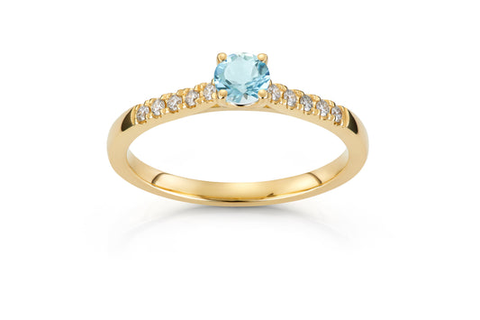 Daisy ring i 585 gull med diamant og aquamarin 0,13 ct, bilde 2 av 2