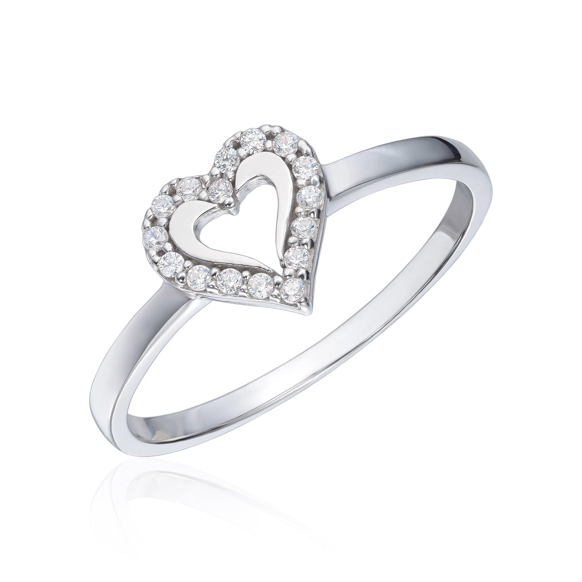 Ring i rhodinert sølv med zirkonia, hjerte 8,3 mm