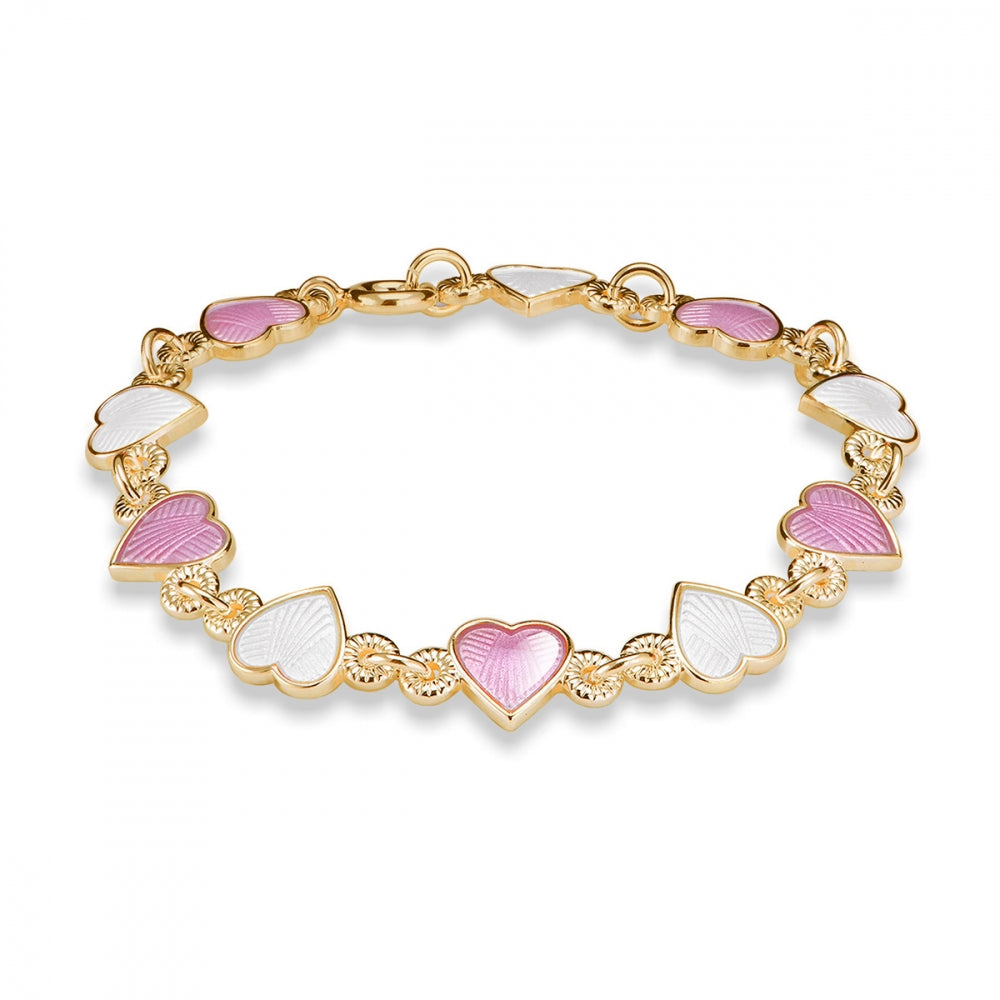 Armbånd i forgylt sølv med glassemalje og rosa hjerter
