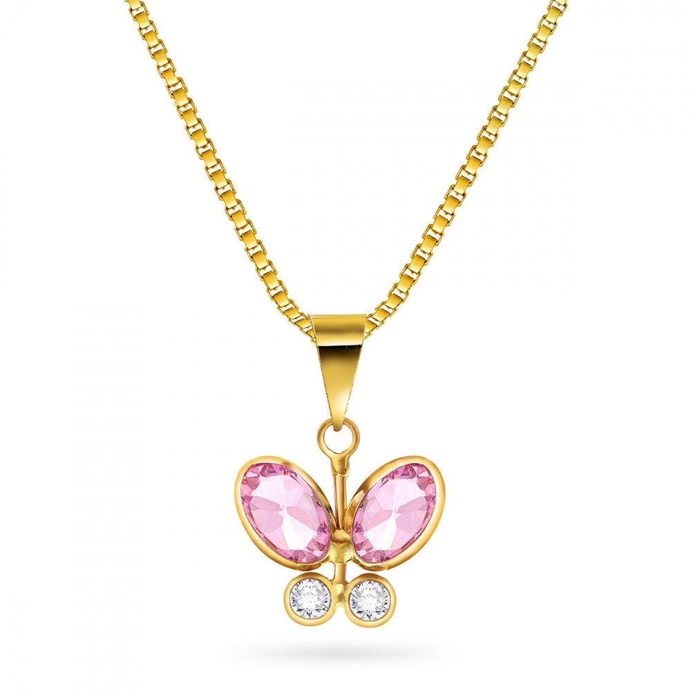 Anheng i gult gull med rosa zirkonia, sommerfugl 11 mm