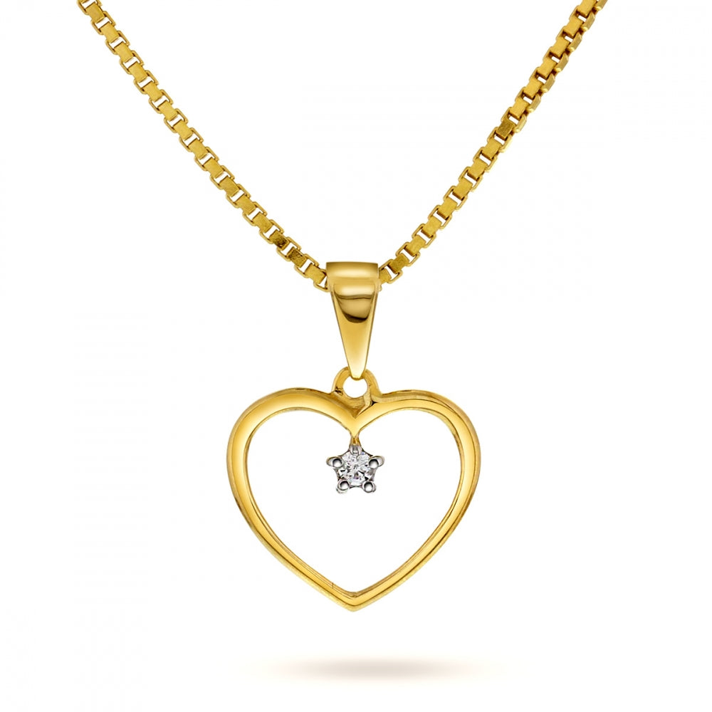 Anheng i gult gull med diamanter, hjerte 12 mm
