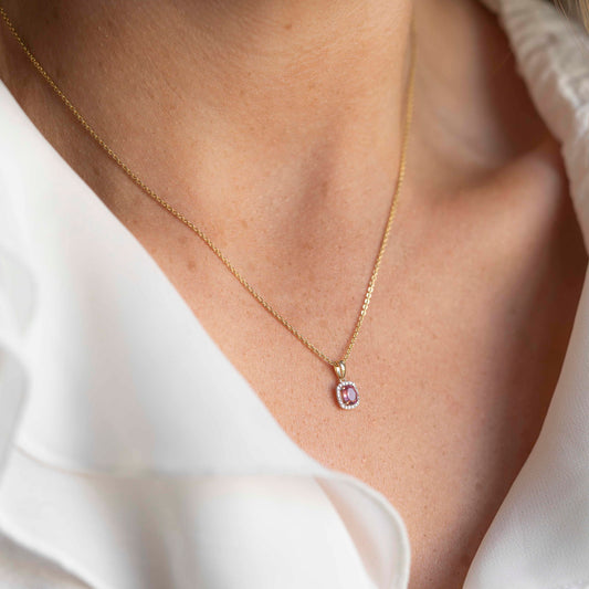 Anheng i 14 karat gult gull med diamanter og rosa turmalin, bilde 2 av 3