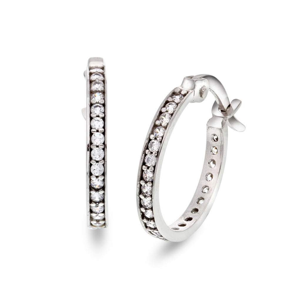 Øredobber i hvitt gull med zirkonia, kreoler 1,5 x 13 mm