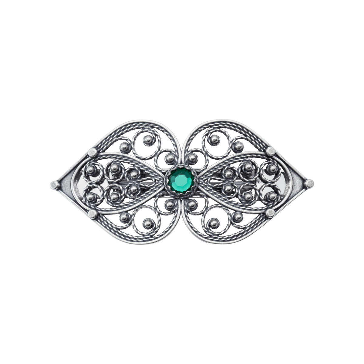 Hårspenne hjartefiligran med grøn stein, stort, oksidert 800328 - Bjerveur.noHårspenne hjartefiligran med grøn stein, stort, oksidert 800328