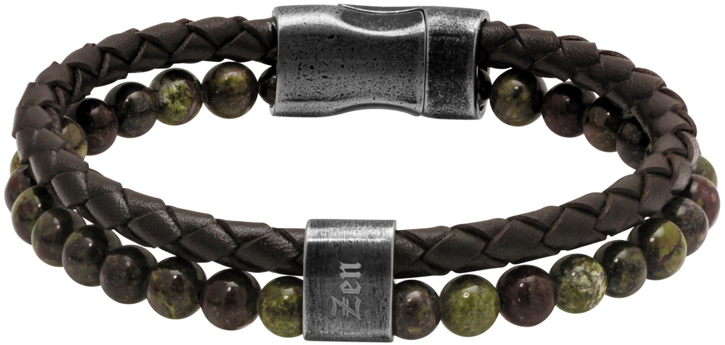 RB Bracelet KARMA 22cm brown braided leather strap and green - Bjerveur.noRB Bracelet KARMA 22cm brown braided leather strap and green