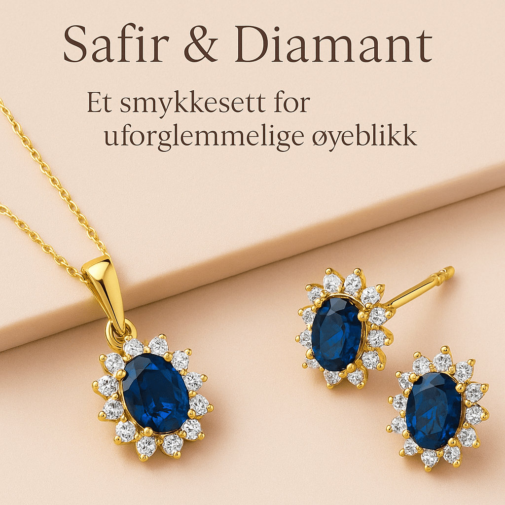 Klassisk eleganse i gull og safir – et smykkesett for livets store øyeblikk - Bjerveur.no