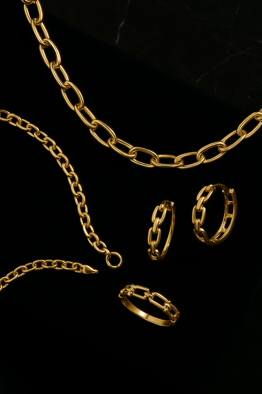 Klassisk luksus: Kjede, armbånd, ring og øreringer i 14K gull - Bjerveur.no