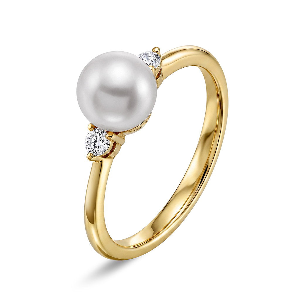 Ring i 14 karat gult gull med perle og diamanter 0,10 ct