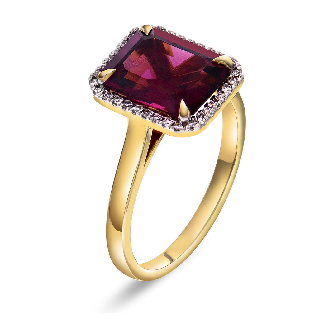 Ring i 14 karat gult gull med diamant og rhodolitt, bilde 1 av 2
