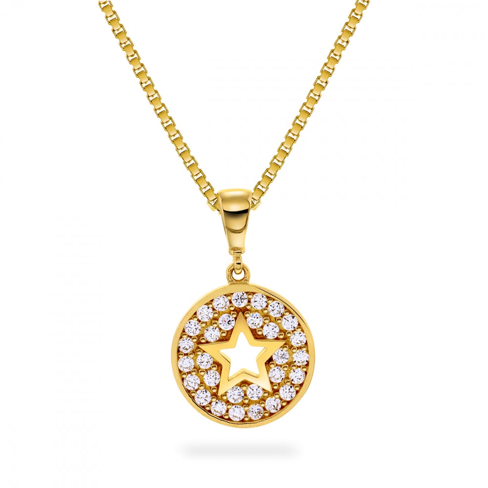 Anheng i gull med zirkonia, rund plate med stjerne, 11 mm