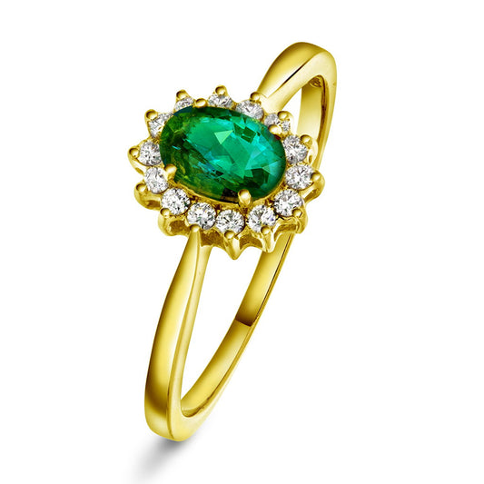 Ring i 14 karat gult gull med smaragd og diamant 0,14 ct