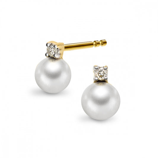 Øredobber i gult gull med perle og diamant, 4 mm