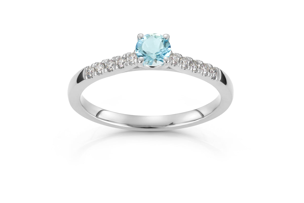 Daisy ring i 585 gull med diamant og aquamarin 0,13 ct, bilde 1 av 2