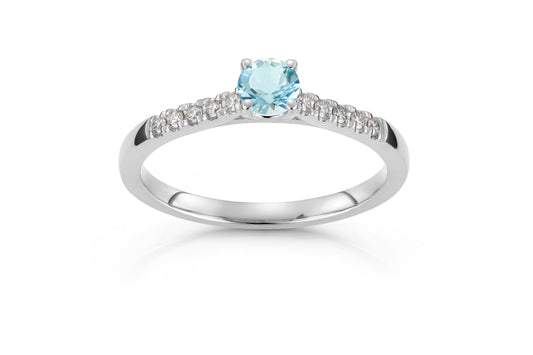 Daisy ring i 585 gull med diamant og aquamarin 0,13 ct, bilde 1 av 2