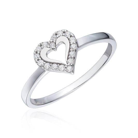 Ring i rhodinert sølv med zirkonia, hjerte 8,3 mm