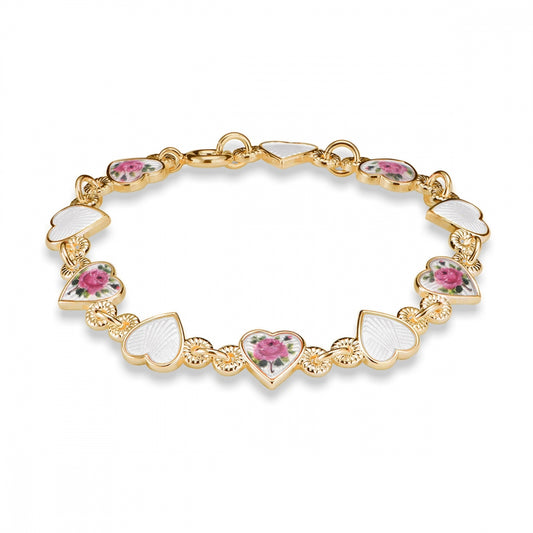 Armbånd i forgylt sølv med glassemalje og rosemotiv, bilde 1 av 2
