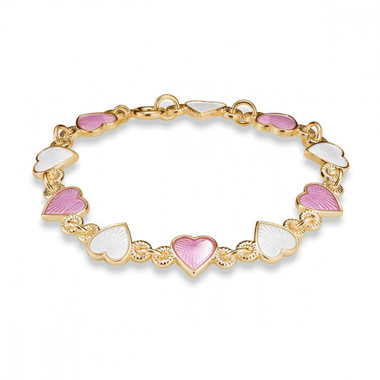 Armbånd i forgylt sølv med glassemalje og rosa hjerter