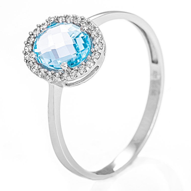 Rosett ring i rhodinert 925 sølv med blå zirkonia 9 mm