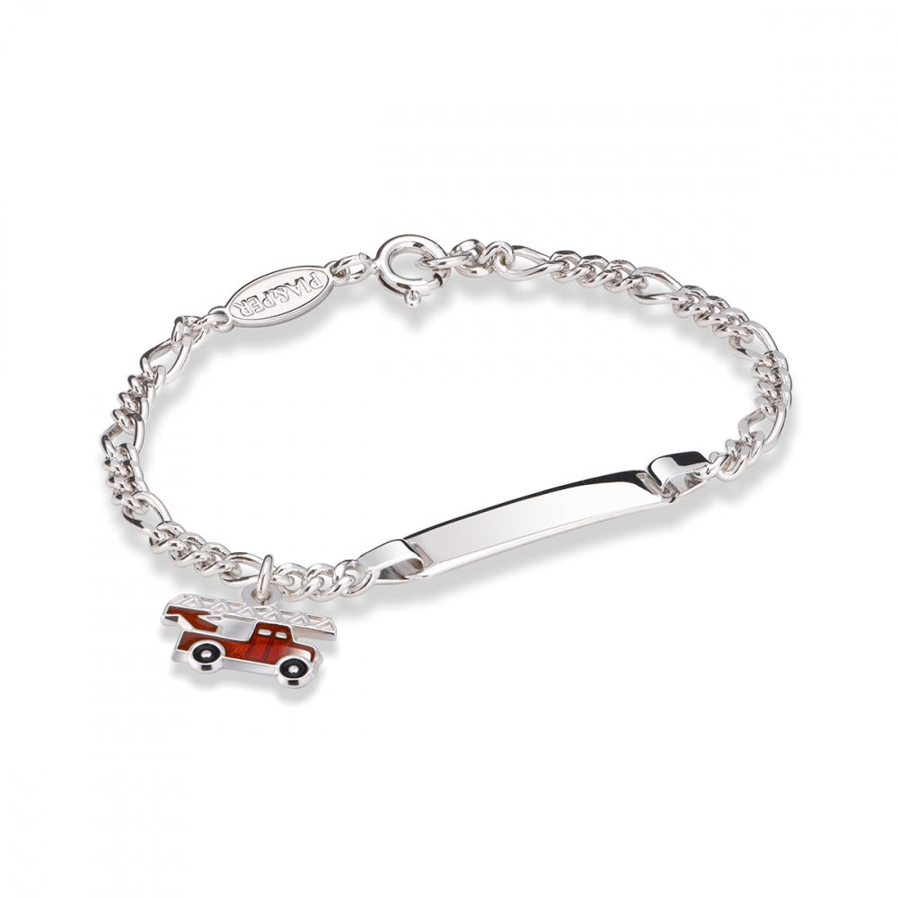 Armbånd i sølv med glassemalje, rød brannbil og graveringsplate, bilde 1 av 2