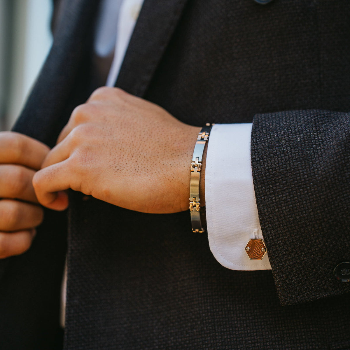 Armbånd i stål med innslag av roségull, 21,5 cm, bilde 2 av 3