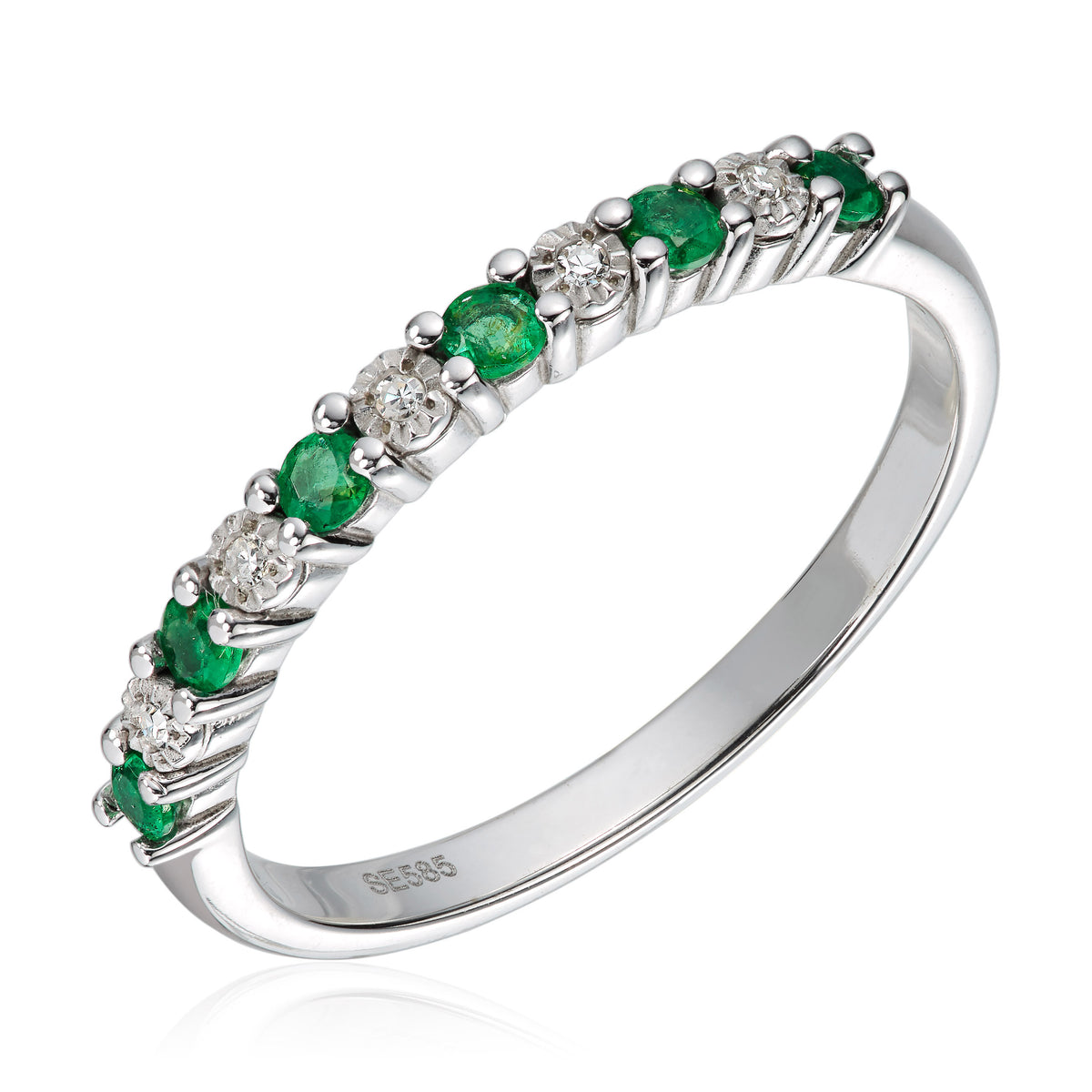Carmen ring i rhodinert 585 hvitt gull med diamant og smaragd 3 mm