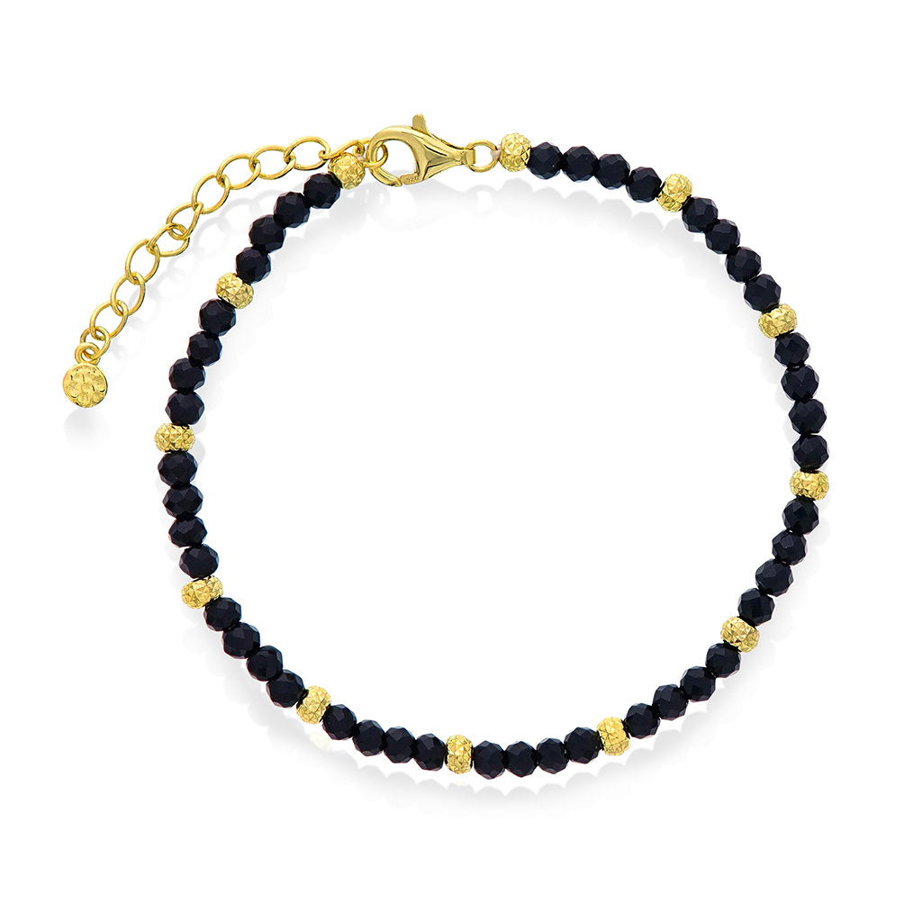 Armbånd i forgylt 925 sølv med syntetisk obsidian, 16+3 cm