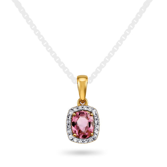 Anheng i 14 karat gult gull med diamanter og rosa turmalin, bilde 1 av 3
