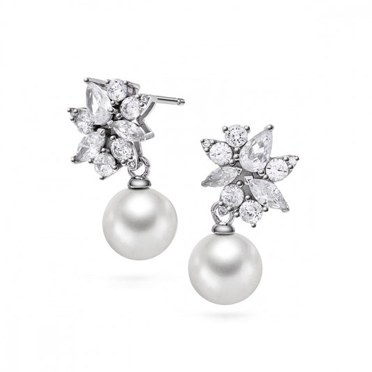 Øredobber i rhodinert sølv med perlemor og zirkonia høyde 29 mm