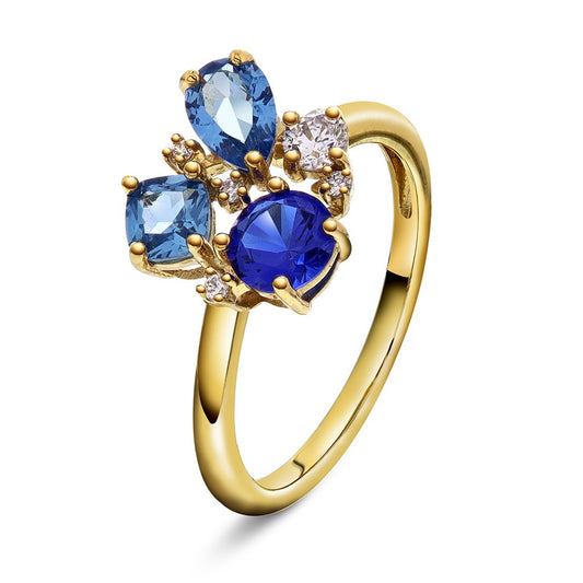 Glam ring i forgylt sølv med zirkonia, blå toner, bilde 1 av 4