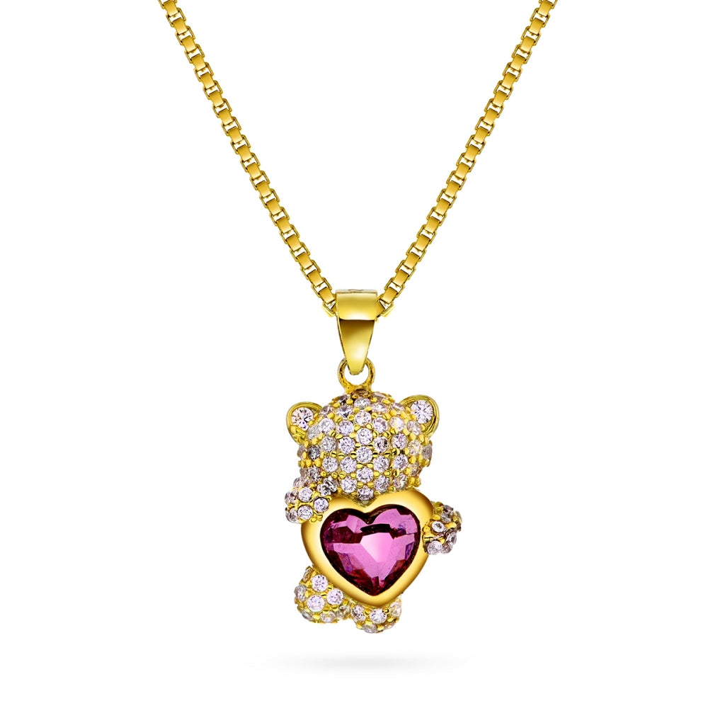 Anheng i forgylt sølv med rosa zirkonia, bamse 18 mm