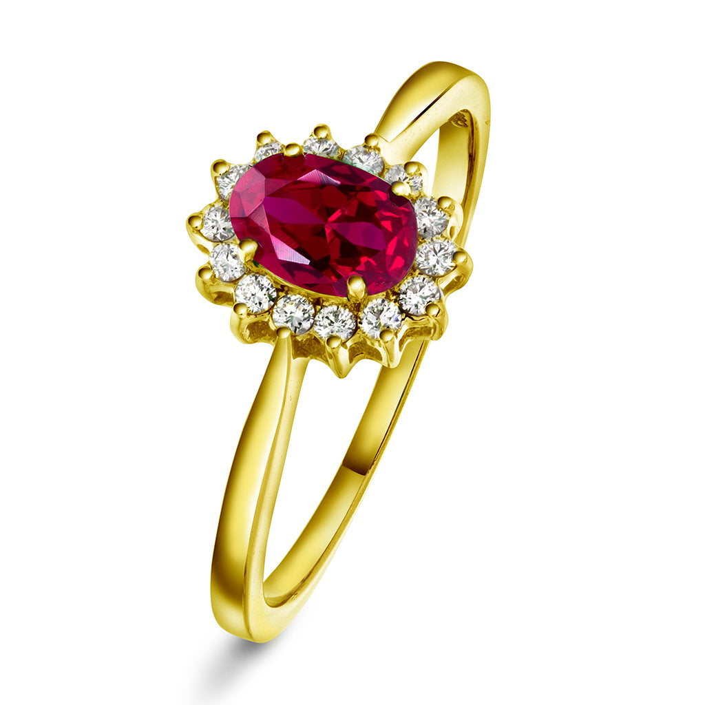 Ring i 14 karat gult gull med rubin og diamant 0,14 ct