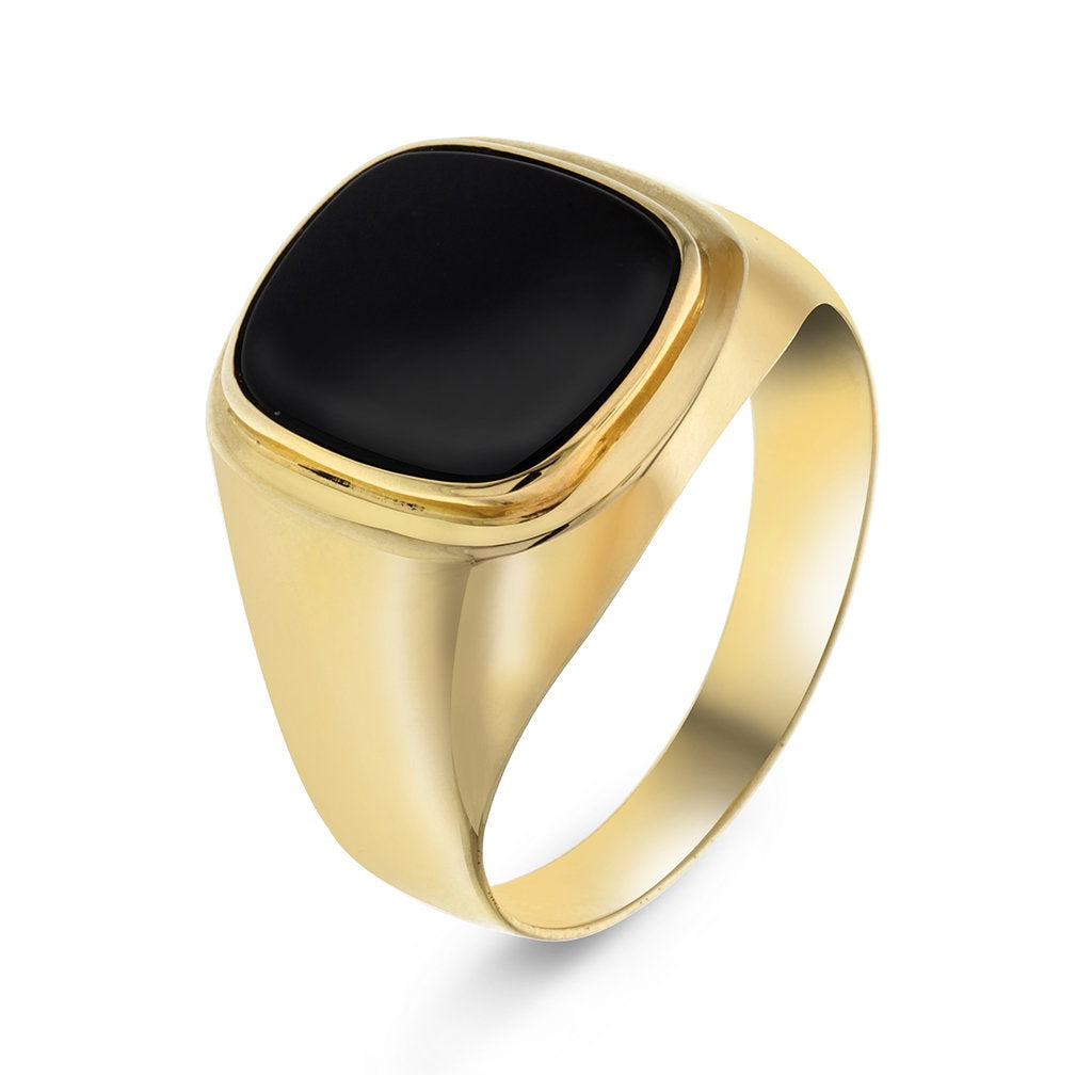 Ring i 14 karat gult gull med onyks og plate 12 x 14 mm, bilde 1 av 4