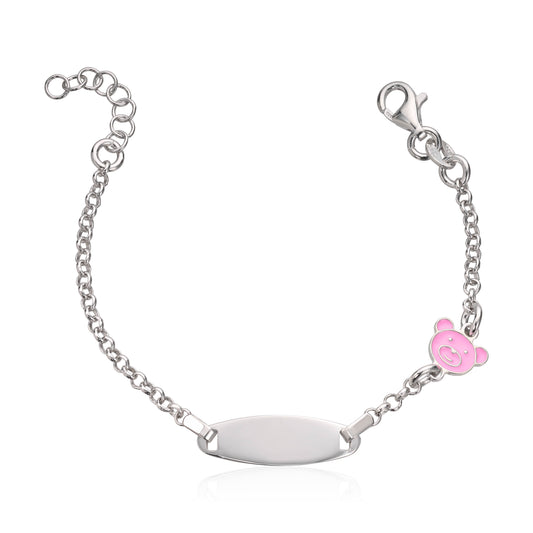Gullungen armbånd i 925 sølv med ID-plate rosa bamse