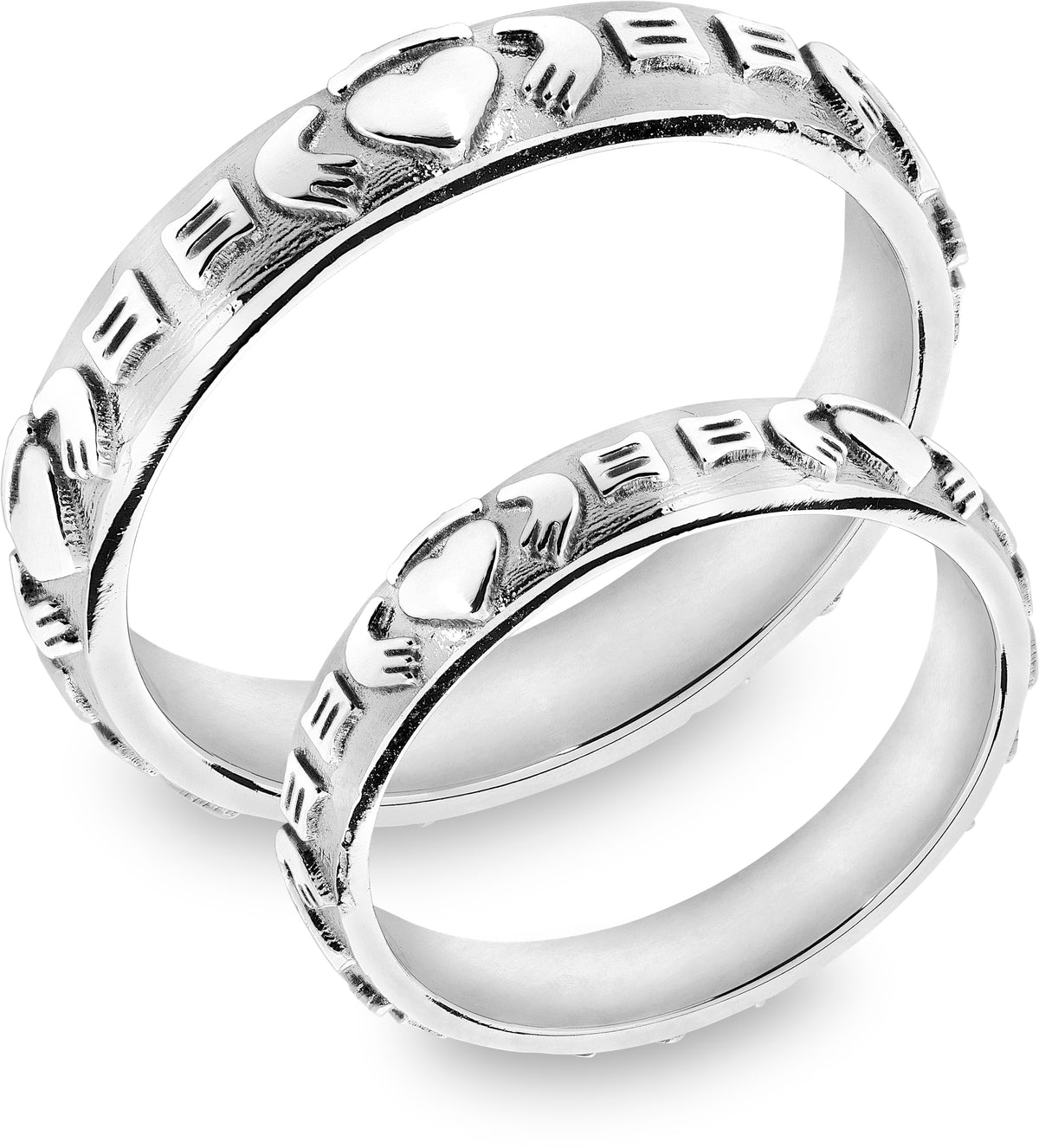 Ring i 585 hvitt gull med hjerte, hender og krone 4 mm