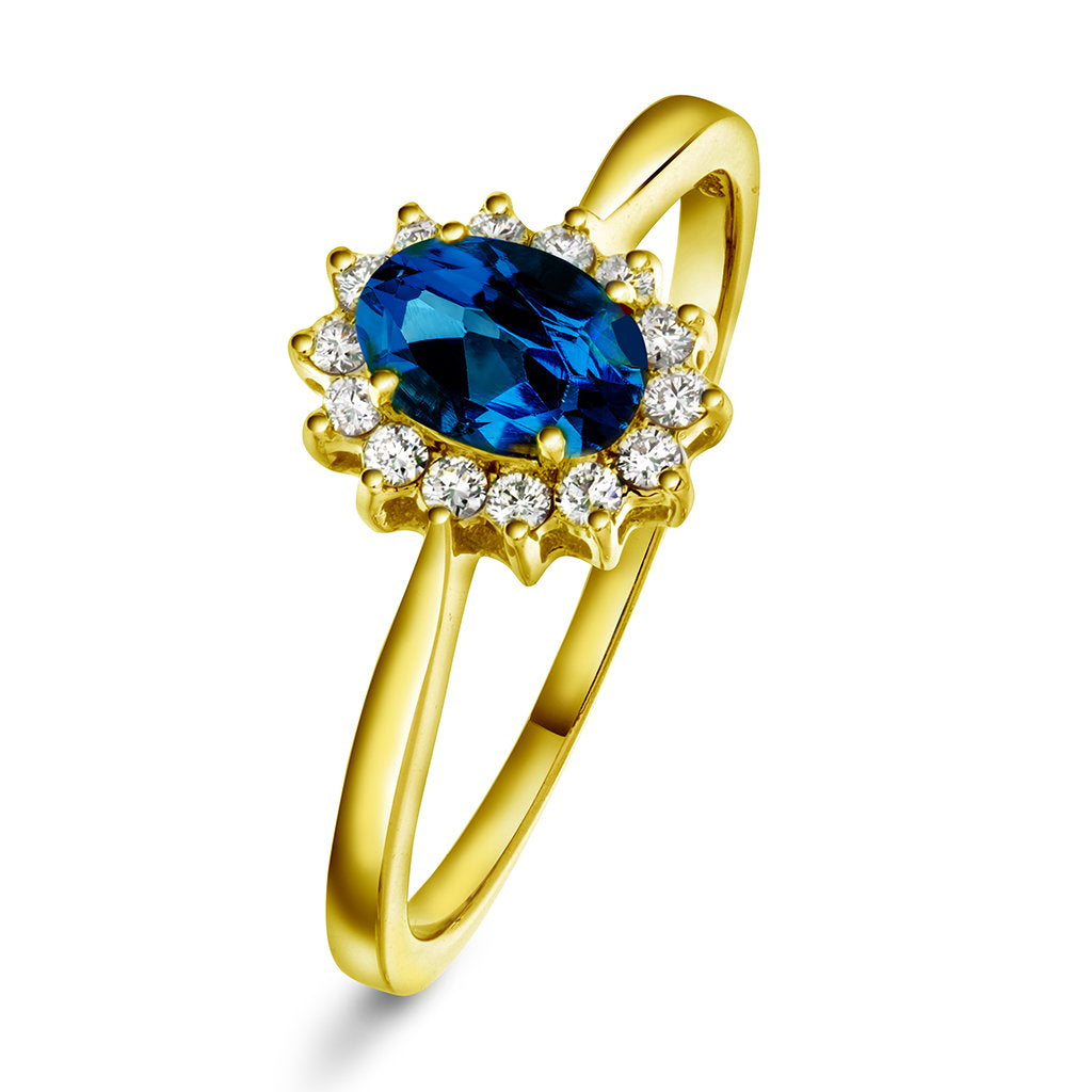 Ring i 14 karat gult gull med safir og diamant 0,14 ct