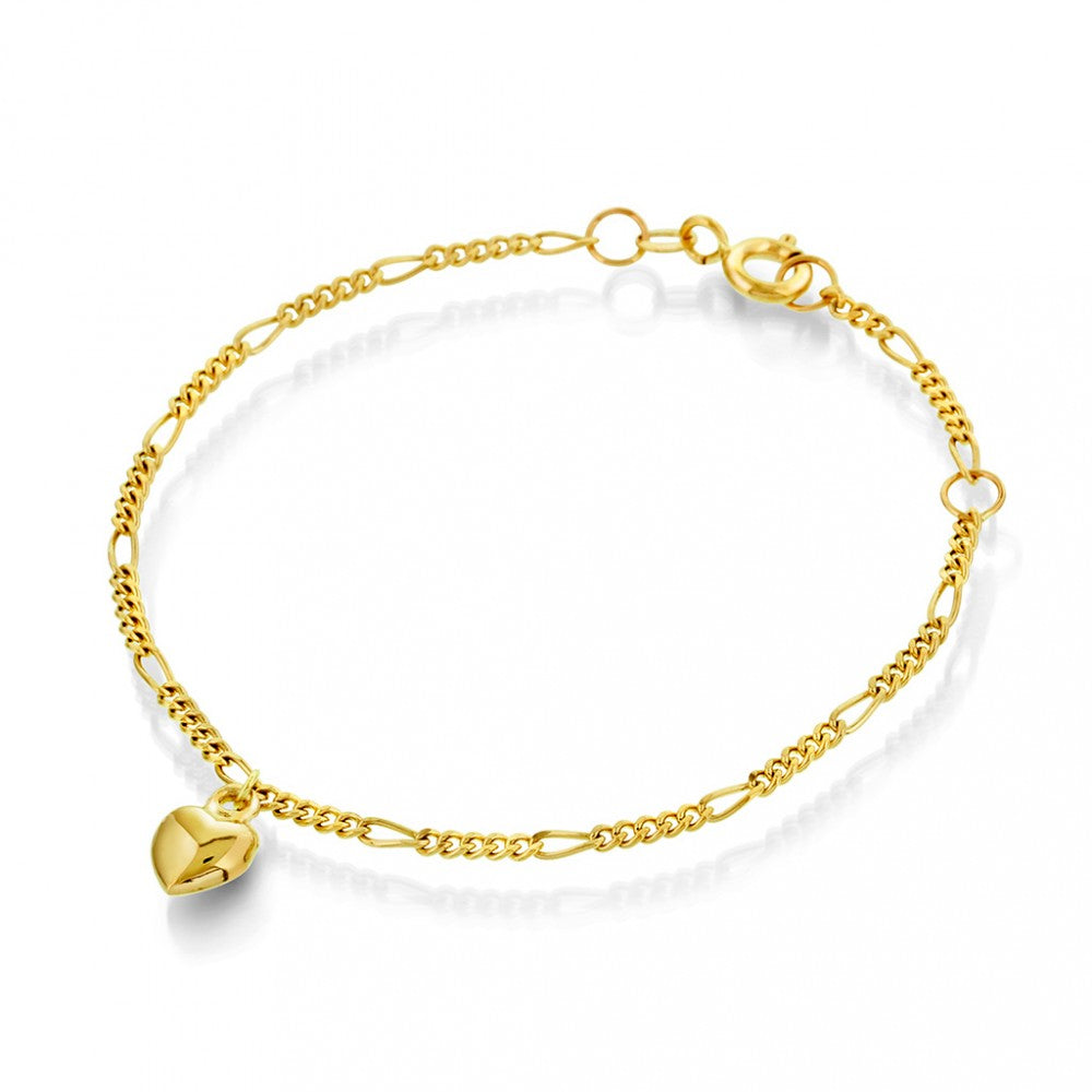 Armbånd i 585 gult gull, figaro med hjerte-charm, bilde 1 av 2