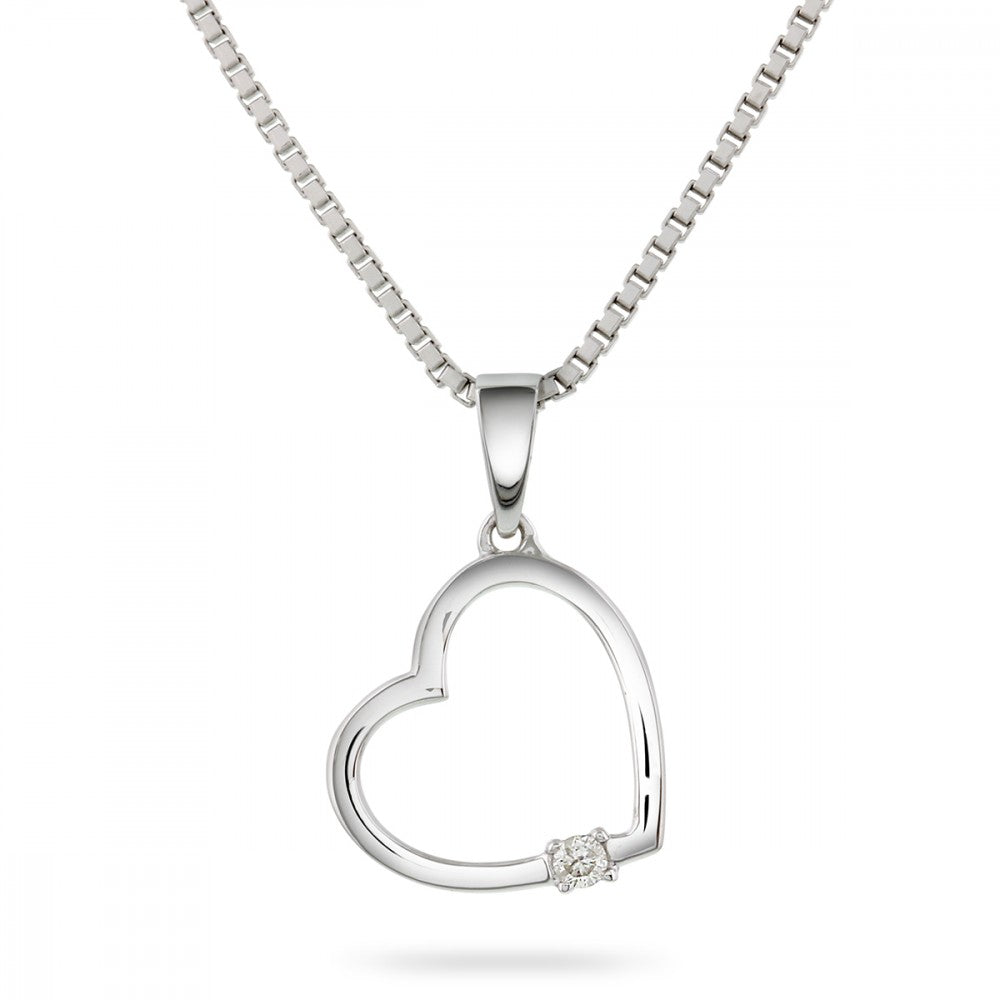 Anheng i hvitt gull med diamant 0,02 ct, hjerte bredde 12 mm