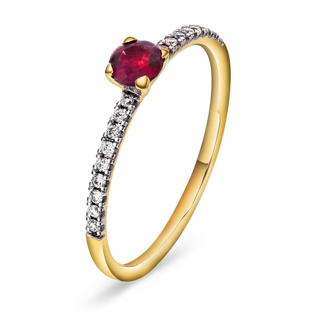 Ring i 14 karat gult gull med diamanter 0,10 ct og rhodolitt, bilde 1 av 3