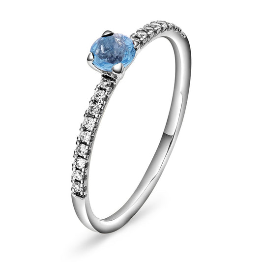 Ring i 14 karat hvitt gull med diamanter og blå topas 4 mm, bilde 1 av 3