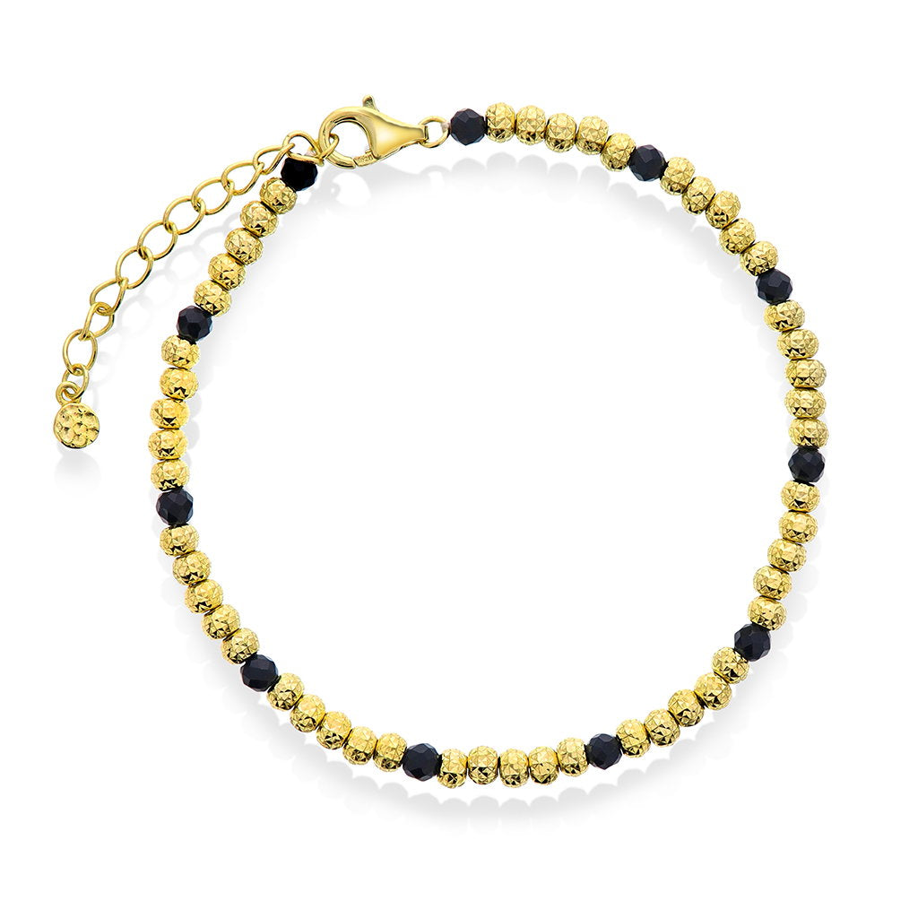 Armbånd i forgylt sølv med syntetisk obsidian og kuler 3 mm