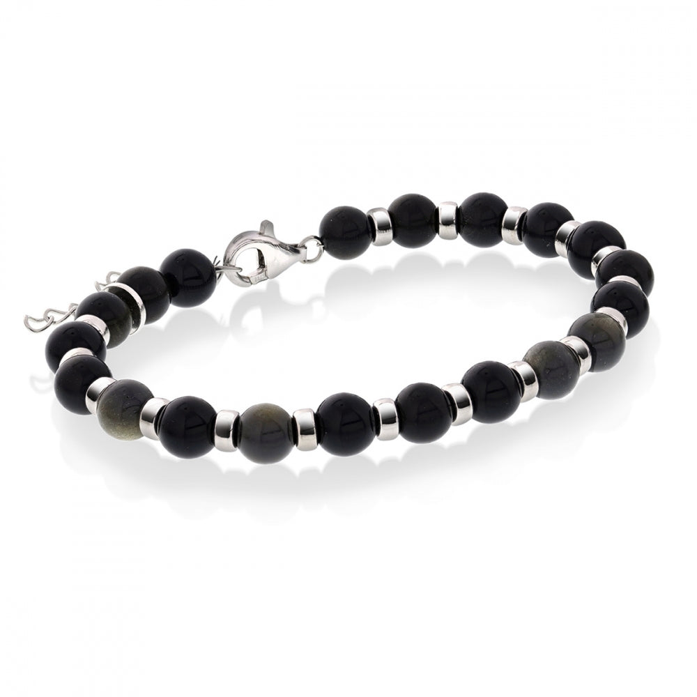 Armbånd i sølv med obsidian 6 mm, 17+3 cm, bilde 1 av 2