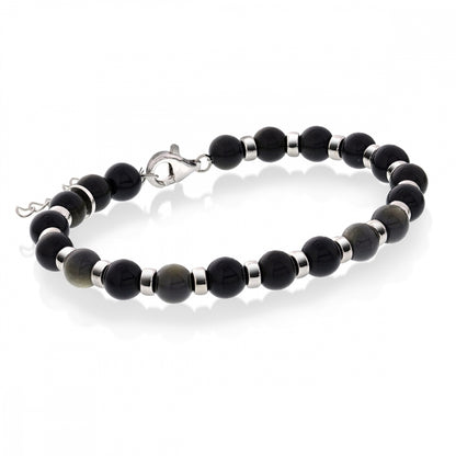 Armbånd i sølv med obsidian 6 mm, 17+3 cm, bilde 1 av 2