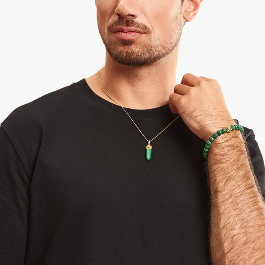 Gullbelagte perlerarmbånd med grønn malakitt  A2145-140-6