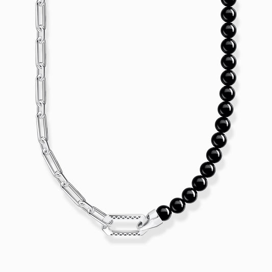 Halskjede med sorte onyx-perler og lenker i sølv KE2179-507-11