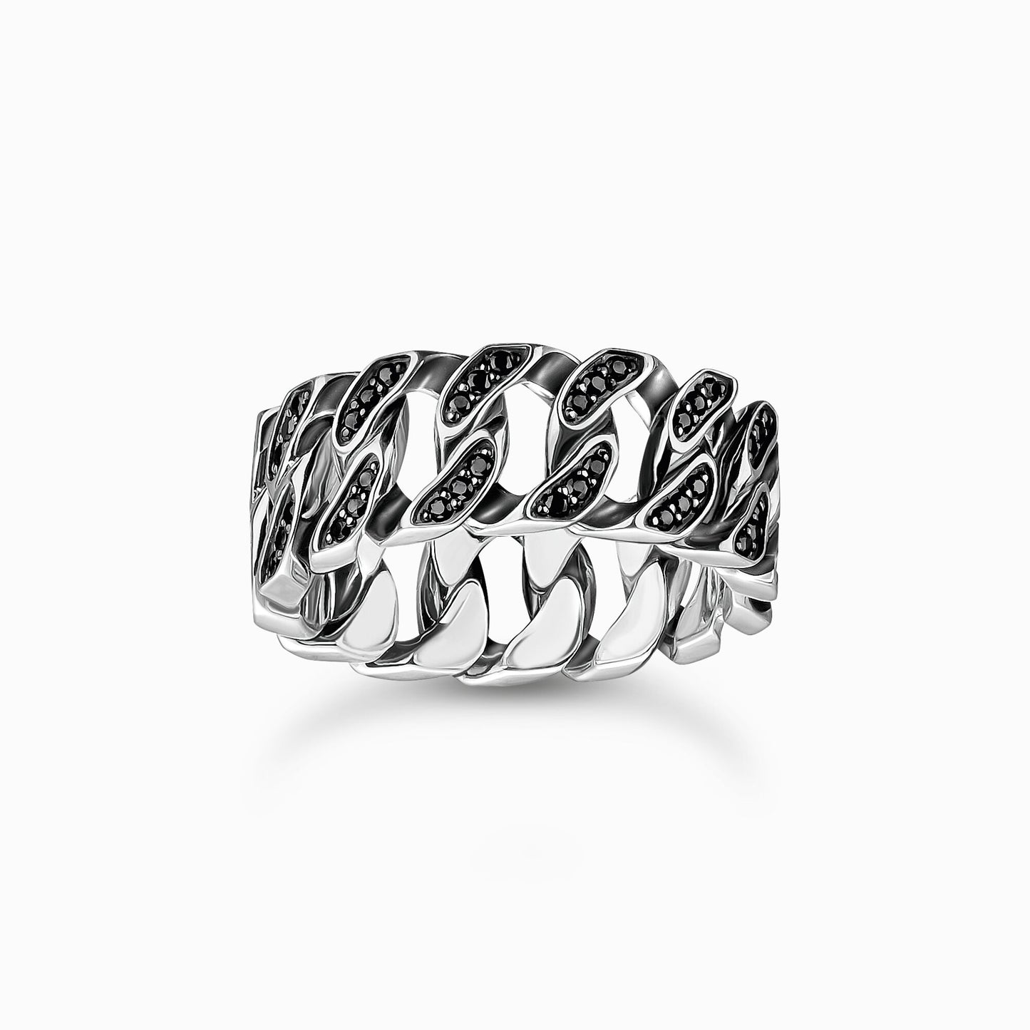 Silver wide ring with chain links and black stones TR2501-643-11