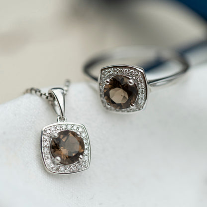 Ring i hvitt gull med diamant og røykkvarts, bilde 3 av 4