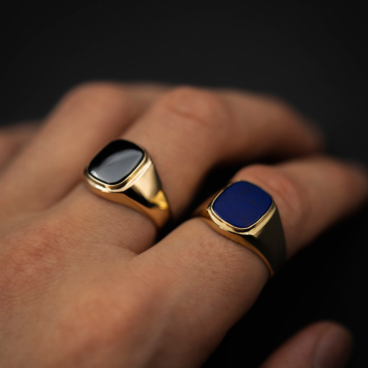 Ring i 14 karat gult gull med hematitt, bredde 14,5 mm, bilde 2 av 4