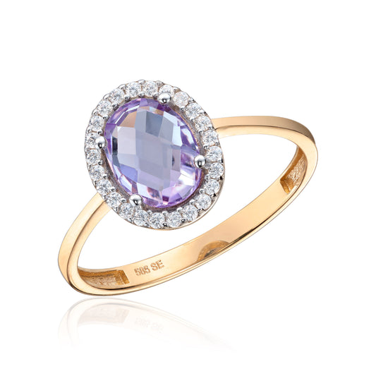 Ring rosett i 585 gult gull med ametyst og zirkonia