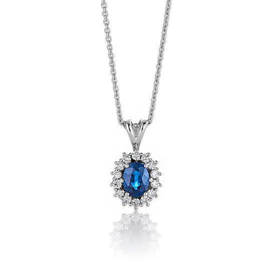 Anheng i 14 karat hvitt gull med safir og diamant 0,42 ct, bilde 1 av 3