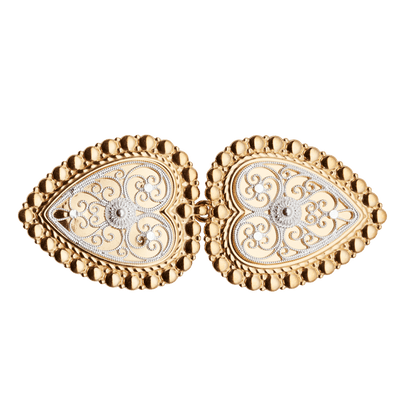 Beltespenne til skinnlist med kruser, forgylt/kvit 002596 - Bjerveur.noBeltespenne til skinnlist med kruser, forgylt/kvit 002596